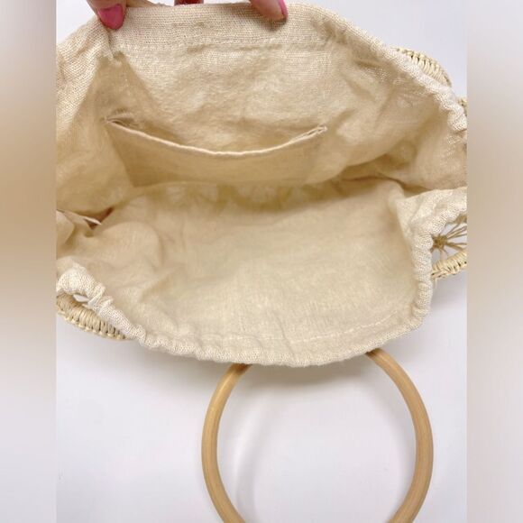 Multi Circle Summer Beach Bag Tote Orange Slice Open Lined Natural Round Handles - Picture 5 of 10